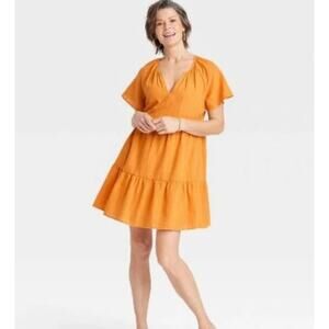 Knox Rose Sahara Gold Women's Ruffle Short Sleeve Eyelet A-Line  Dress Size XL